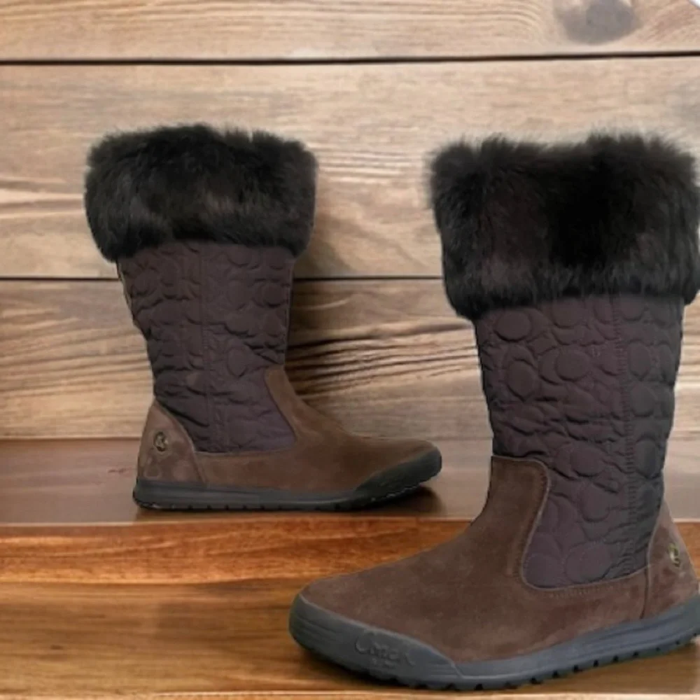 COACH Talen Genuine Rabbit Fur Cuff Quilted Boots Women's Size 6 M Brown